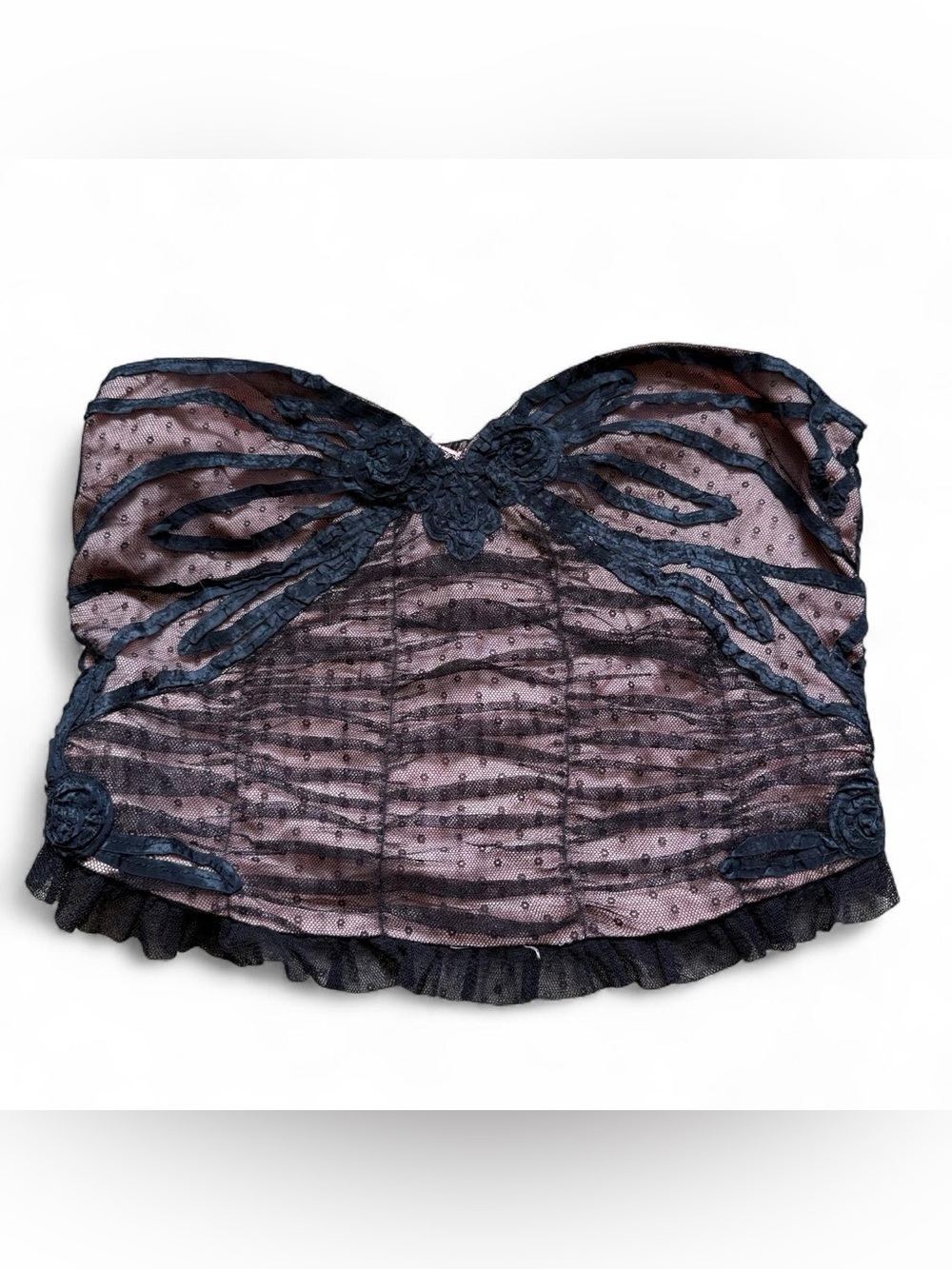 Free People Black Lace Strapless Bustier with Sheer Polka Dot Overlay Size L